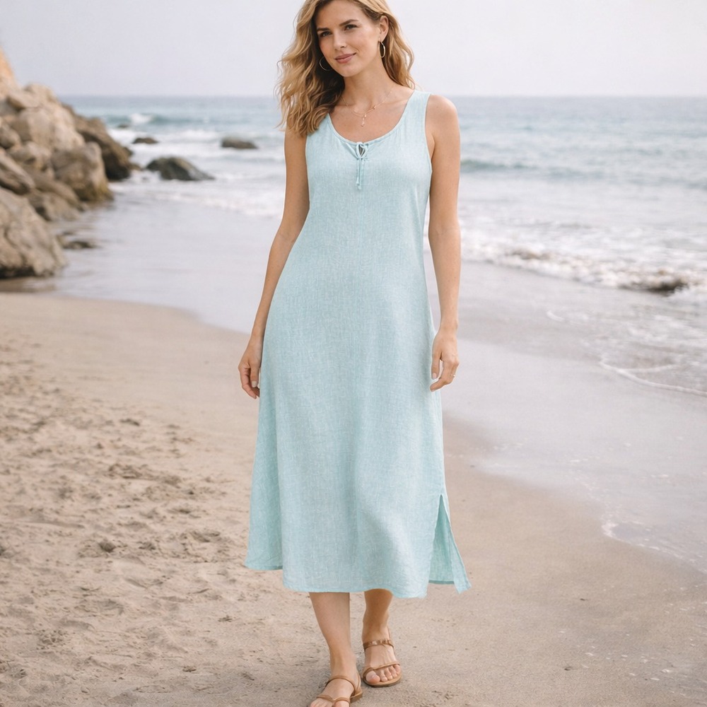 LIZ CLAIBORNE New Liz Sport Midi Dress 100% Linen Aquavita Size 12 Women